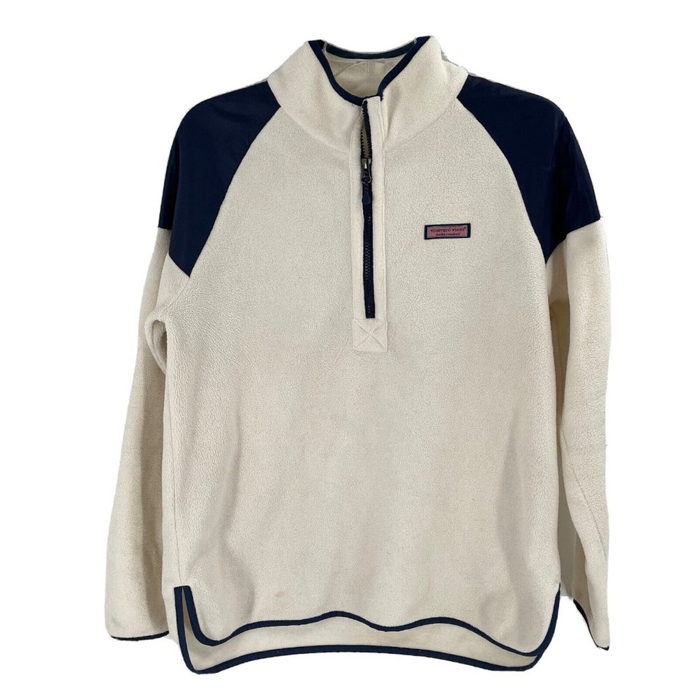 Vineyard Vines Harbor Fleece Shep 1/4 Zip Pullover White Navy Blue Sz Medium